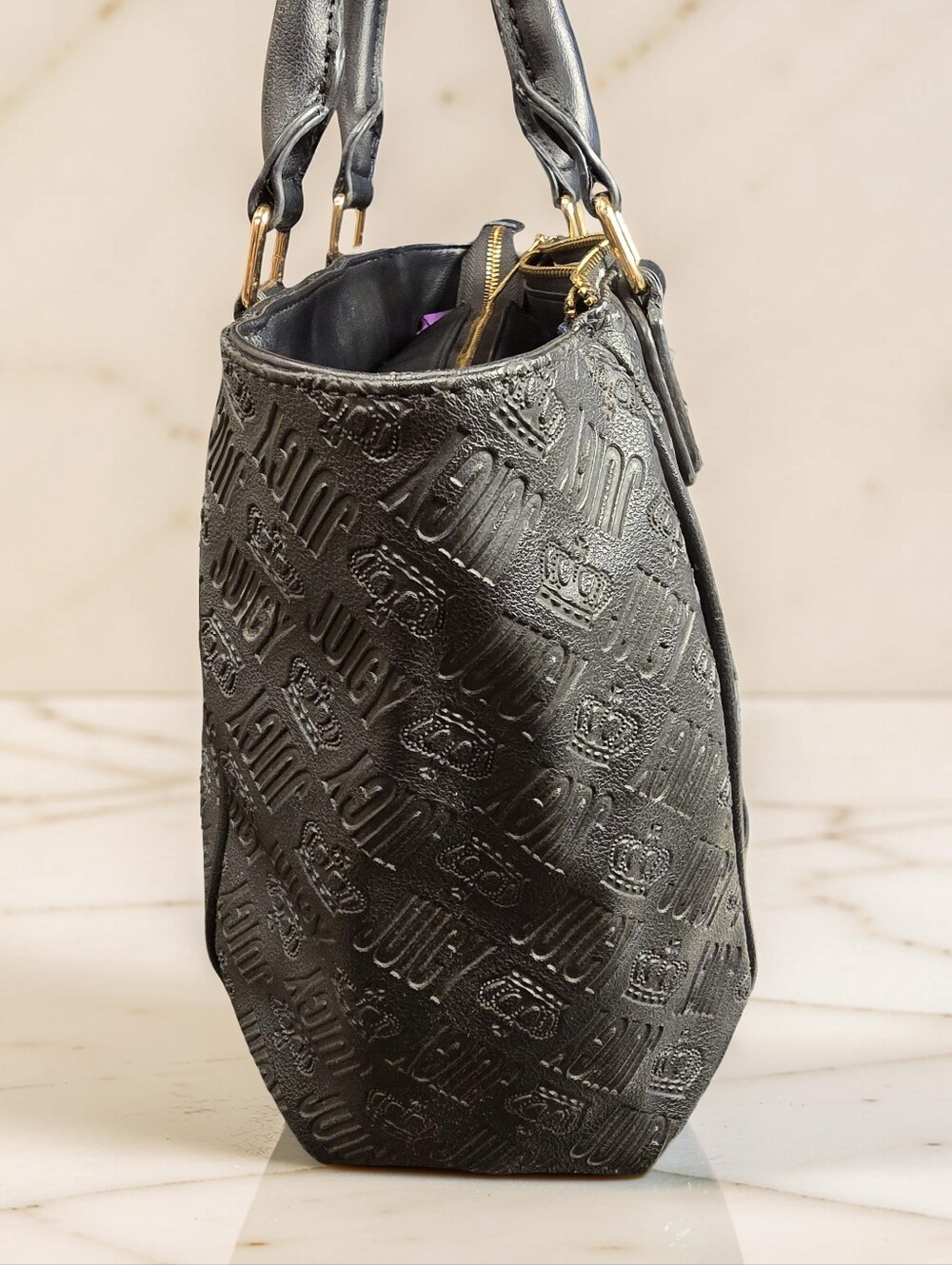 Juicy Couture Fame Satchel Black Debossed Monogram Speedy Bag - Picture 3 of 13
